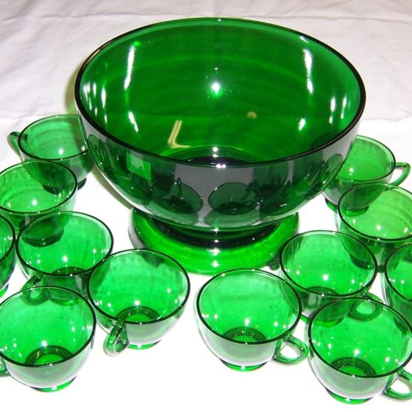 Anchor Hocking Fire King Forest Green 14 Piece Punch Bowl Set, 9 Cup Hooks - Picture 3 of 3